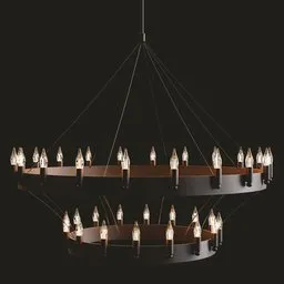 "Medieval-inspired modern chandelier 3D model for Blender 3D. Circular light fixture with candle-like bulbs creating a rich, moody atmosphere. Perfect for ceiling lighting in historical or fantasy-themed scenes."