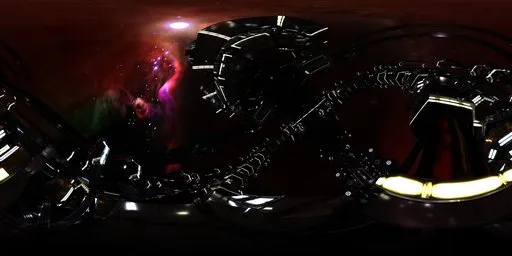 Space station structure in dark cosmic setting with vibrant nebulae for 3D scene lighting.