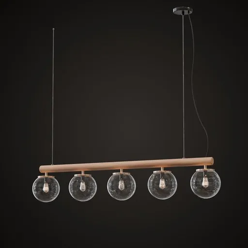 3D Blender model of a wooden bar pendant light with five spherical glass lamps.