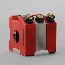 Detailed 3D Blender model of red fuel canisters with anti-theft locks on a metal rack.