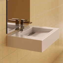 "White and yellow bathroom sink with mirror and faucet, 3D model for Blender 3D. Easily adjustable for new measurements. Physically-based render by Anthony Angarola."