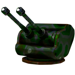 "Animation-ready BFT Articulating Turret 3D model for Blender 3D. Double-barrelled Howitzer-style cannon with adjustable edge and surface rust. Perfect for equipment category and digital camo rendering."