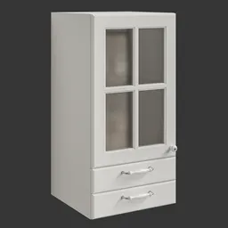 Detailed IKEA style white 3D wall cabinet with glass doors and two drawers rendered in Blender.