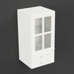 Detailed IKEA style white 3D wall cabinet with glass doors and two drawers rendered in Blender.
