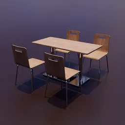 Wooden outdoor dining set 3D model with chairs and table for Blender rendering.