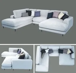 Detailed 3D model of a U-shaped white couch with assorted cushions, compatible with Blender 3D.