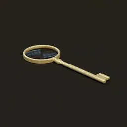 Detailed golden 3D key model with magnifying glass effect, optimized for Blender, with intricate reflections and refractions.