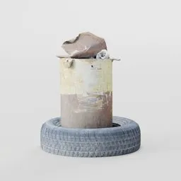 "Blender 3D model of a Trash Bin filled with garbage, suitable for exterior environments. Created using Blender software, this photorealistic 3D model captures a dystopian art aesthetic, featuring a vase sitting on a tire with a piece of wood sticking out. Perfect for various digital art projects in need of a realistic trash bin representation."