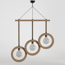 "Ceiling-light 3D model for Blender 3D - Decorative lamp hanging with three orbs, wooden frame and chains inspired by Karel Dujardin. Ideal for product design renders in large living rooms, featuring oak texture and thrusters for a unique touch."
