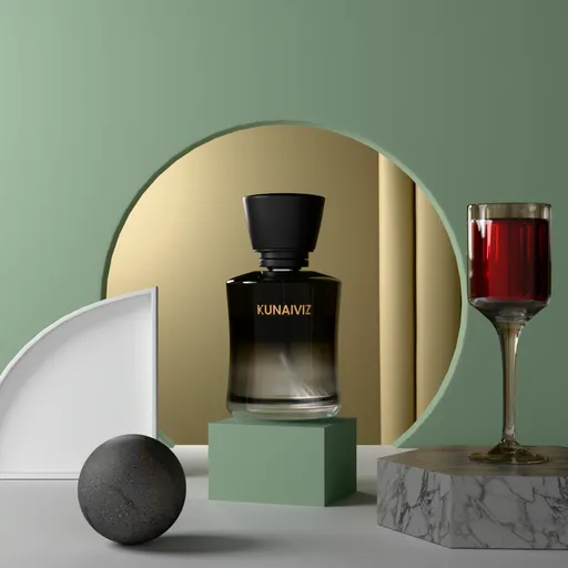 Elegant 3D-rendered product display scene with geometric shapes, perfume bottle, and wine glass for Blender visualization.