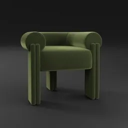 Detailed 3D rendering of a green, modern armchair with plush upholstery and elegant curves, compatible with Blender.
