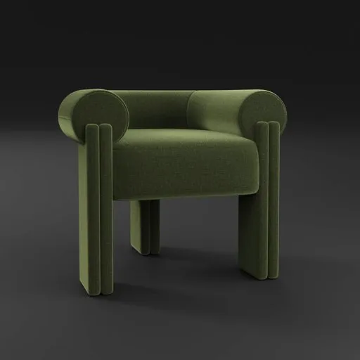 Detailed 3D rendering of a green, modern armchair with plush upholstery and elegant curves, compatible with Blender.