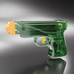 High-quality realistic transparent green water pistol 3D render, perfect for Blender graphics projects.
