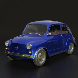 "Zastava 750 / Fiat 600: A historic vehicle rendered in Blender 3D. This car model, inspired by the classic design of the early 60s Serbian version of the Fiat 600, features an arafed blue color and black background. Perfect for Blender enthusiasts and those seeking realistic 3D models for their projects."