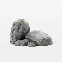 "Low-poly, hand-sculpted rocky outcrop 3D model for Blender 3D, with non-repeating PBR textures. Perfect for creating realistic outdoor environments, featuring dark grey rocks in a surrealistic chair formation. Sculpted by Ambrose McCarthy Patterson and available on BlenderKit."