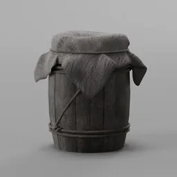 Detailed 3D textured model of an aged wooden barrel with rope, suitable for Blender rendering.