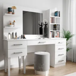 Realistic 3D-render of a modern white dressing table with a mirror, drawers, and decorations, created in Blender.