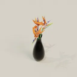 Detailed 3D model of vibrant tropical flowers in a sleek vase, compatible with Blender, perfect for indoor nature scenes.