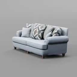 Detailed 3D model of a blue pillowback sofa with patterned cushions, ideal for Blender rendering projects.