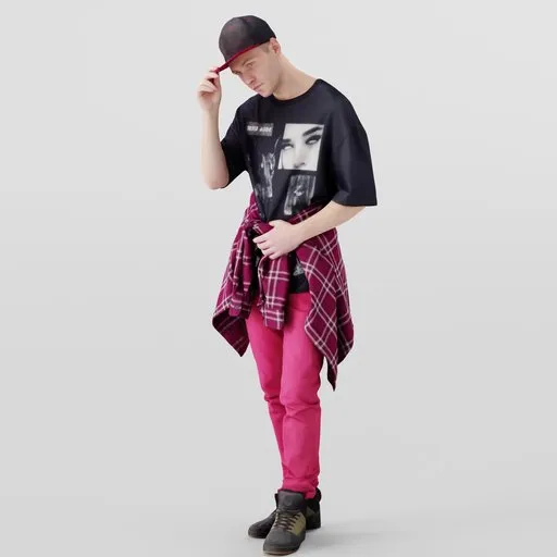 3D model of a respectful young male figure in trendy attire tipping his hat, compatible with Blender 3D.