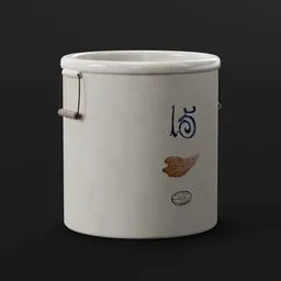 "15 Gallon Red Wing Antique Crock - Blender 3D Model inspired by Xia Gui, rendered in Povray, featuring a white container with a blue and brown design. Museum-worthy item with highly detailed Unreal Engine textures, suitable for game development and virtual environments."