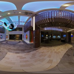360-degree HDR panoramic image of a luxuriously lit indoor esplanade with modern architecture.