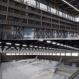 Detailed 3D model of an airliner hangar interior, equipped with aircraft, designed for Blender with realistic textures and lighting.