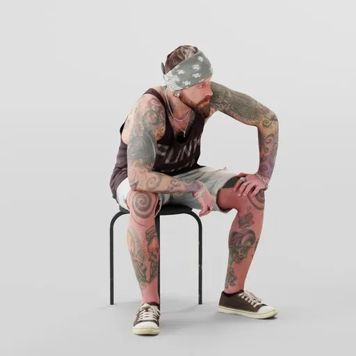 Detailed 3D model of tattooed, bearded man with bandana and tank top, perfect for Blender 3D projects.
