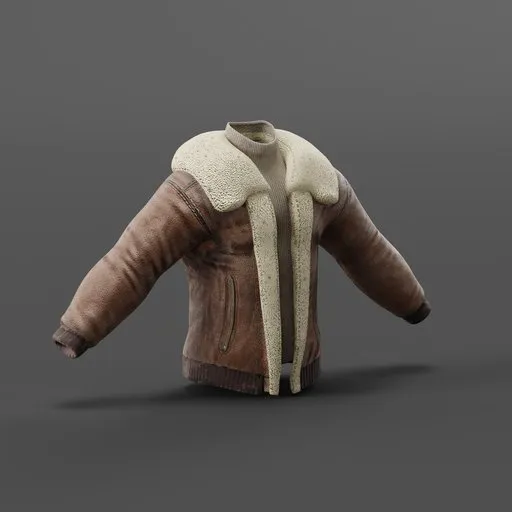 Detailed 3D model of a vintage brown and cream pilot leather jacket for Blender rendering.