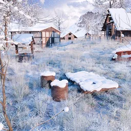 Snowing Frozen Village in Winter