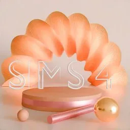 Elegant 3D visualization of a golden peach arch, rose gold podiums, and gold spheres with animated text.