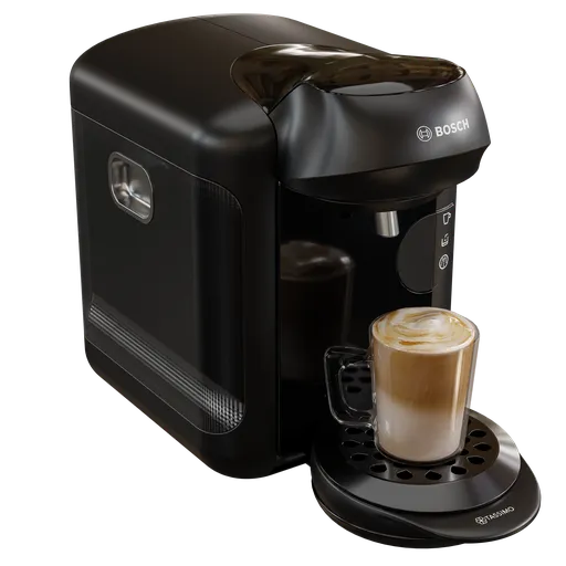 Realistic 3D model of a coffee machine with cup, rendered in Blender Cycles, available in .blend format.