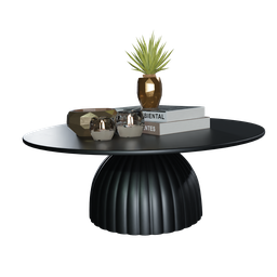 "Add elegance to your 3D scene with the Gallus Coffee Middle Table model in Blender 3D. Featuring a sleek black design with a glass top, this table comes complete with a plant and books, perfect for your interior design rendering needs."