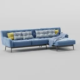 "Milano corner sofa 3D model for Blender 3D - Blue couch with pillows and blanket, detailed body shape, and three-piece design that doubles as a bed. Includes tables and walls for added realism."