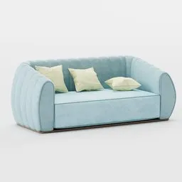 Realistic light blue 3D-modelled sofa with pillows for Blender rendering.