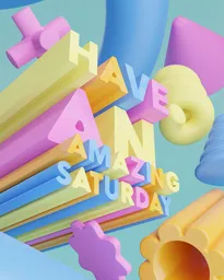 Colorful 3D rendered fantasy scene with vibrant geometric shapes and 'Have an Amazing Saturday' text for creative Blender animation.