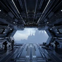 Detailed 3D rendered sci-fi corridor with figures overlooking futuristic cityscape, ideal for Blender modeling.