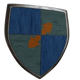 Detailed textured 3D model of a heraldic shield with a blue and green quartered design and lion motifs, compatible with Blender.