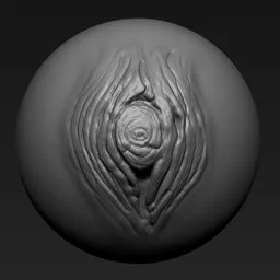 Detailed 3D sculpting brush imprint for wood textures resembling tree bark and cut branches, compatible with Blender.