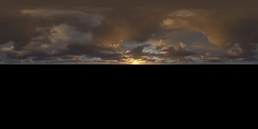 Dramatic clouds at sunset with warm yellow sunlight perfect for realistic 3D scene lighting, high-res 16k, 32-bit quality.