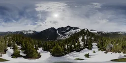 Panoramic high-dynamic-range image of snow-capped peaks, green forests, and sunlight for 3D scene lighting.