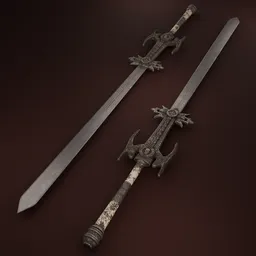 Highly detailed Blender 3D model of a weathered silver greatsword with intricate ornaments and a marble-textured grip.