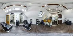 Panoramic view of stylish hair salon interior with modern lighting for realistic scene rendering.