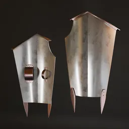 Detailed low poly 3D shield model with high-quality metal textures, ideal for Blender war game designs.