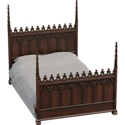 Detailed wooden gothic-style bed 3D model with intricate headboard and footboard, compatible with Blender.