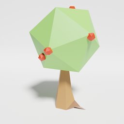 Simplified geometrical representation of an apple tree for 3D rendering in Blender, with stylized apples and a minimalist design.