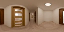 16K panoramic HDR of a light brown wooden corridor with doors and round lights for scene lighting.