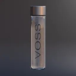 Alt text: "Voss Water Bottle 3D model for Blender 3D with silver lid, black label and high detail skin. Inspired by Vladimír Vašíček and Hugo Boss Prize. Includes microorganism and radiosity rendering."