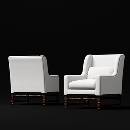 "Coimbra II Chair - Rustic Armchair 3D Model for Blender 3D Interior Visualizations by Alfonso Marina. This furniture piece features a pair of white chairs with wooden legs against a black background. Perfect for adding a touch of elegance to your virtual spaces."
