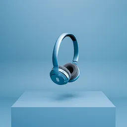 3D modeled blue wireless headphones with Filmic color on a seamless backdrop for Blender product visualization.